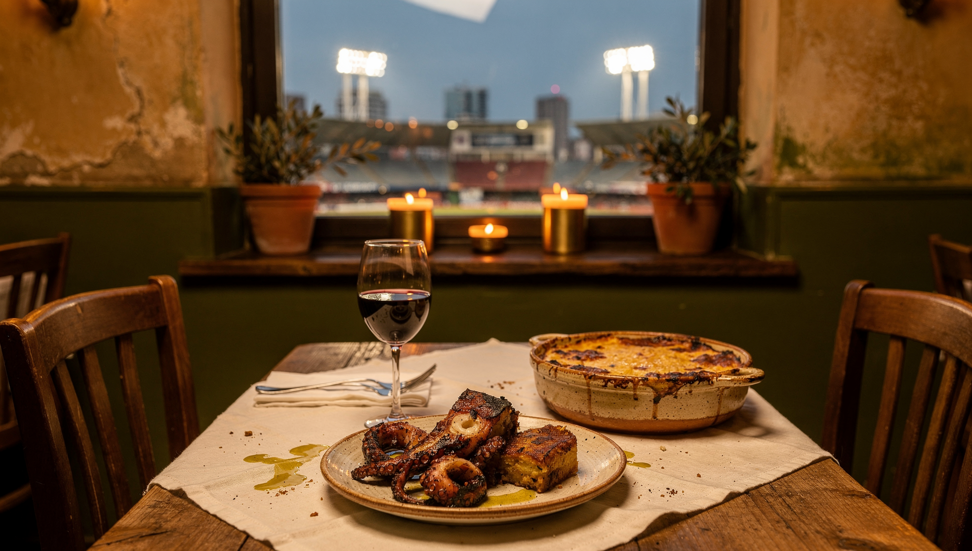 Greek dinner table near Petco Park with stadium lights at dusk