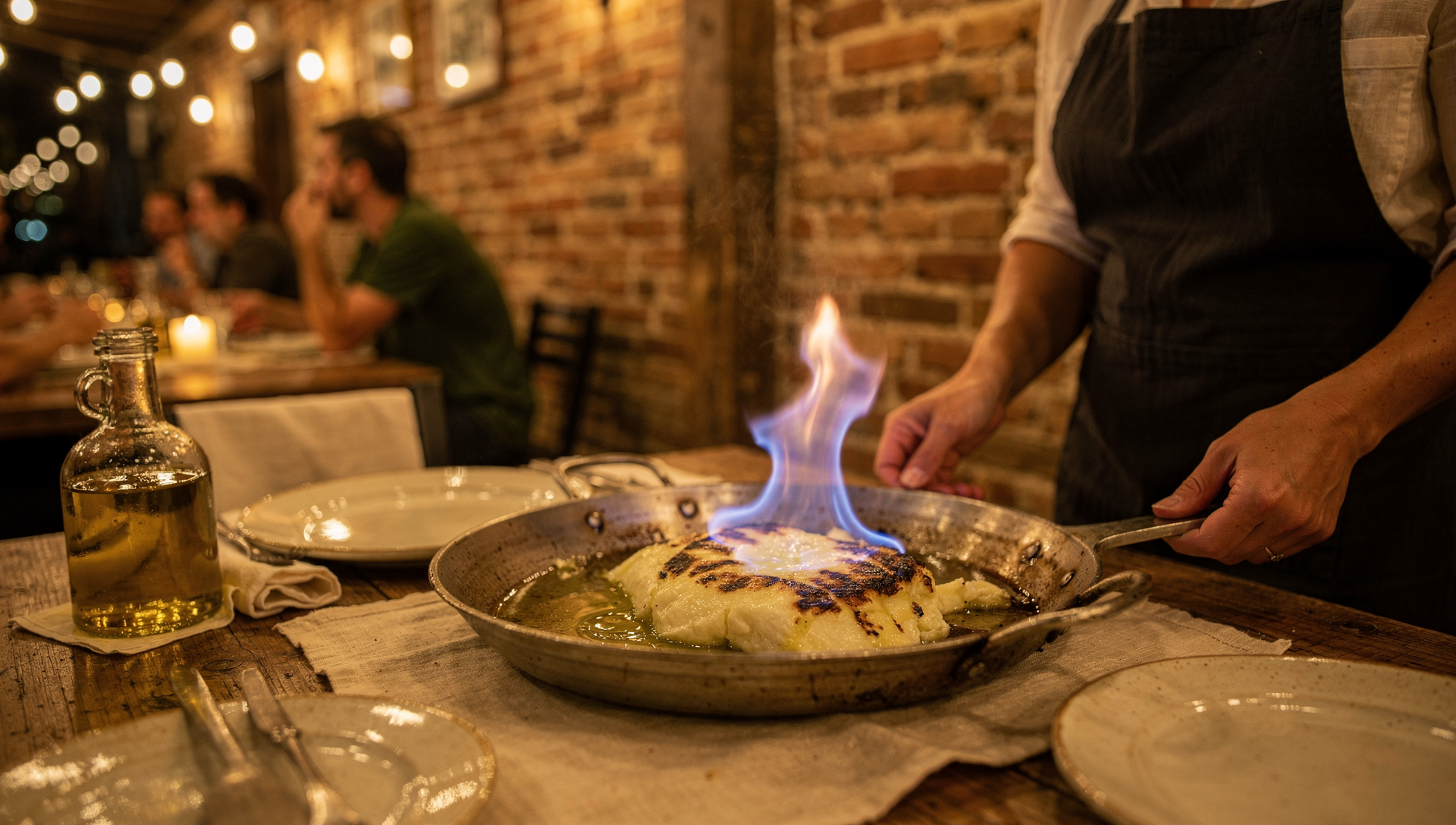 Flaming saganaki served tableside near San Diego Gaslamp Quarter