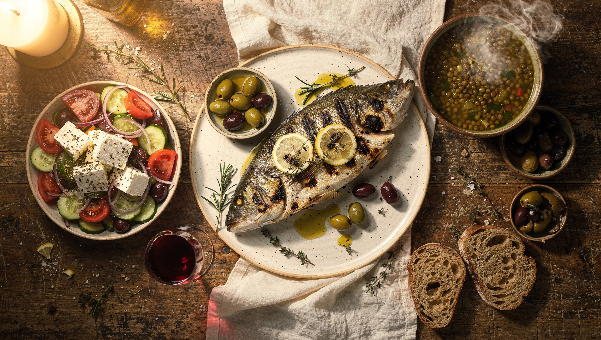 Mediterranean diet spread with grilled fish, salad, and lentil soup